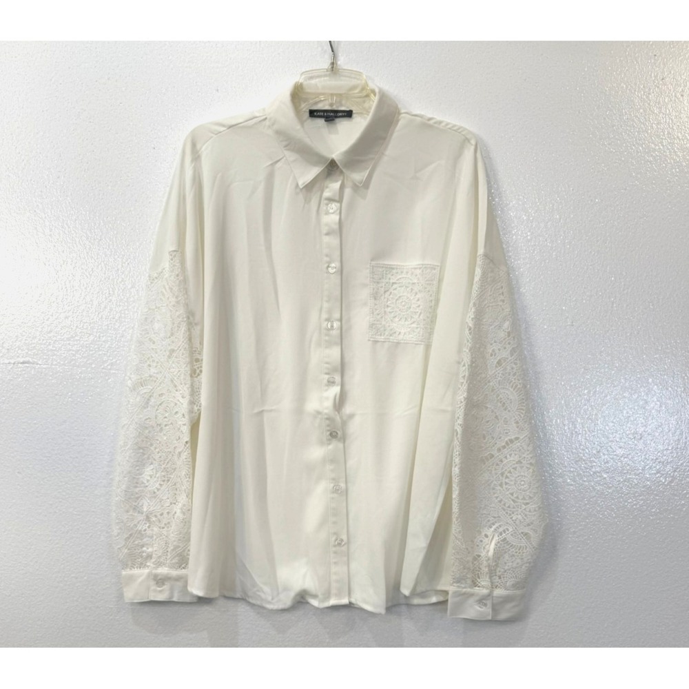 NWOT Kate & Mallory Size 2X White Crochet Lace Sleeve Button Front Blouse